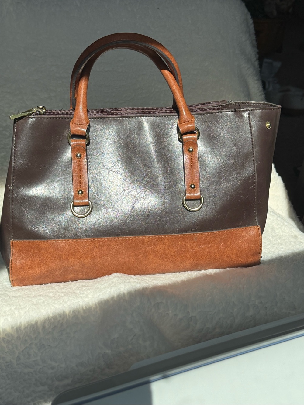Mondani Brown and Tan Leather Satchel with Dual Handles